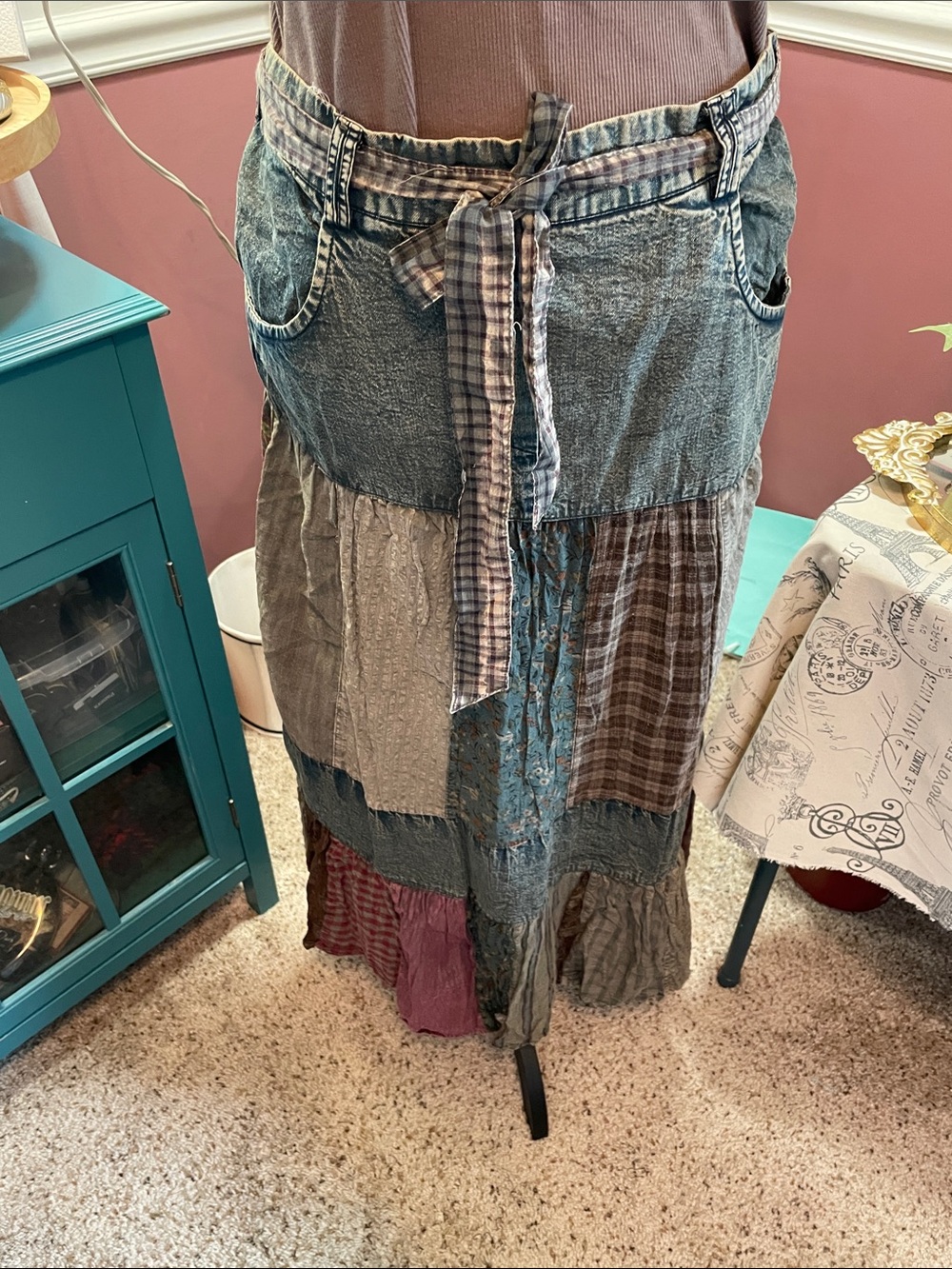 Patchwork Denim Maxi Skirt with Tie Waist - Multi-Color Young Threads 🧵